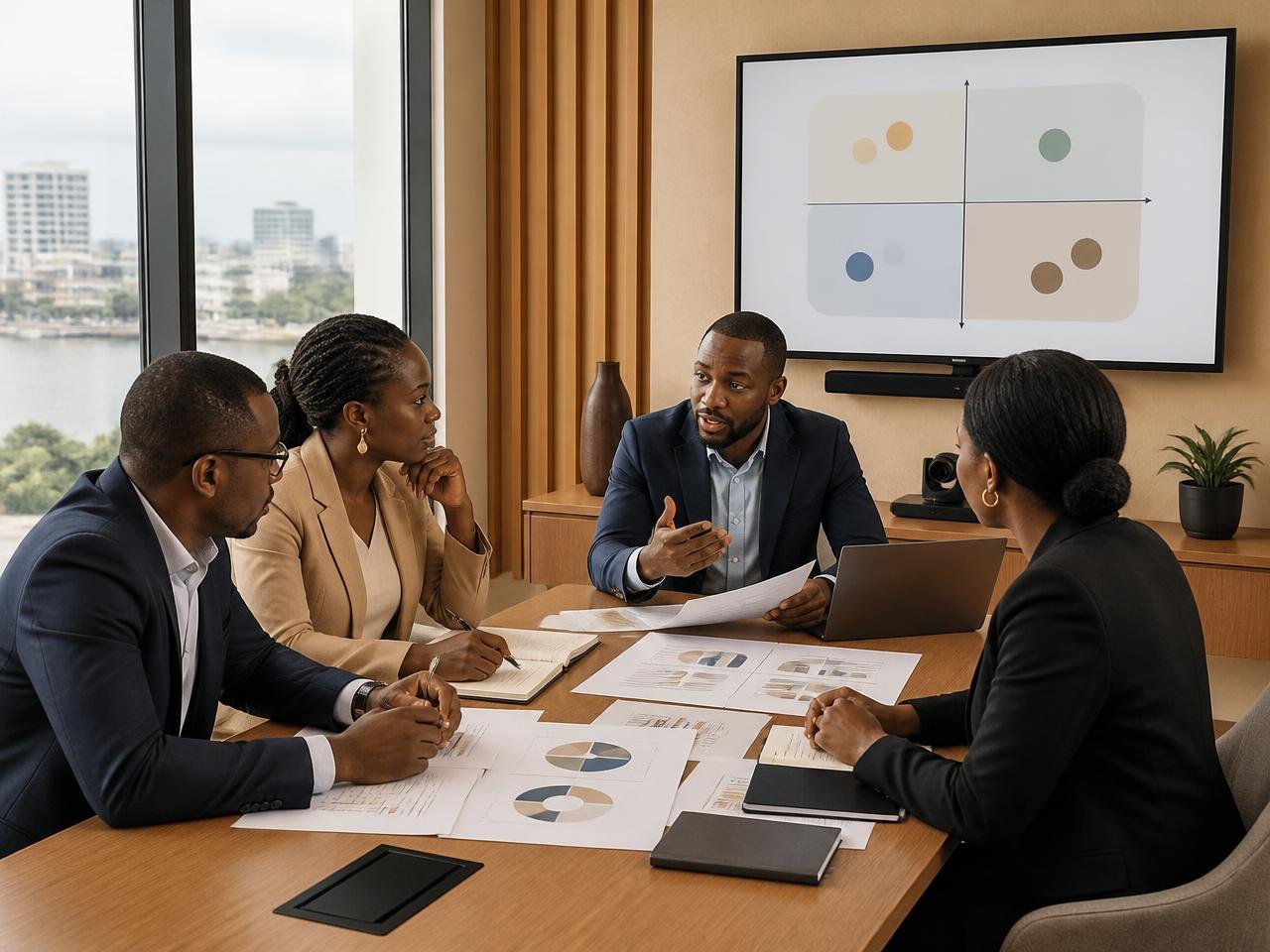 Équipe camerounaise analysant des documents et des courbes de positionnement en salle de réunion